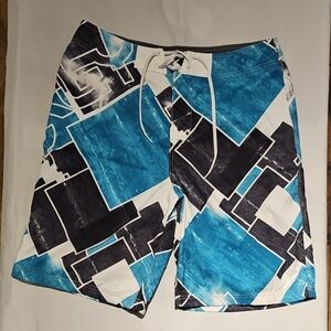 Oakley Men's Blue Black White Geometric Swim Board Shorts